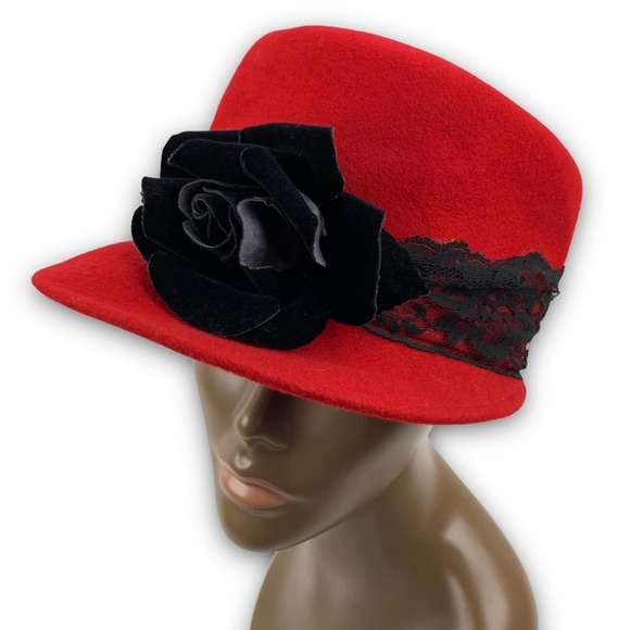 1960's BOLLMAN HAT Co. via KOKIN red wool black rose and lace cap - Picture 6 of 16